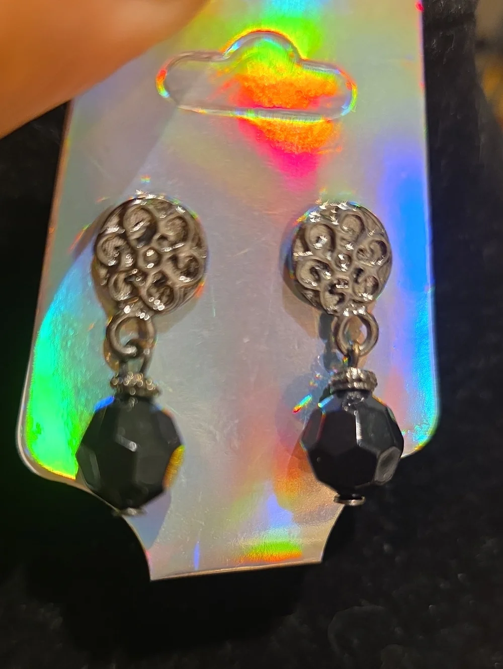 Vintage Black Faceted Bead Drop Earrings with Silver Filigree